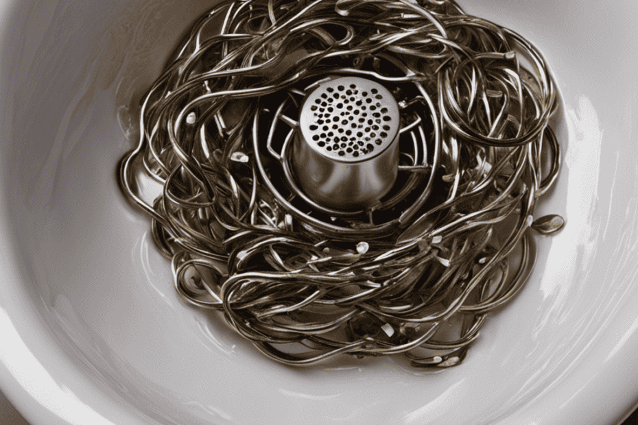 An image showcasing a close-up of a disassembled bathtub drain trap, revealing a collection of tangled hair, soap scum, and debris