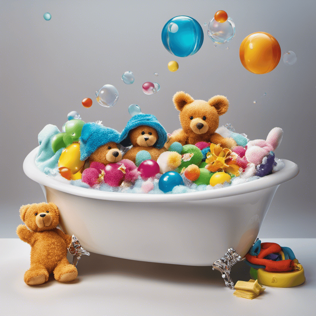 An image capturing a sparkling bathtub filled with warm, soapy water, where colorful toys float, surrounded by floating bubbles