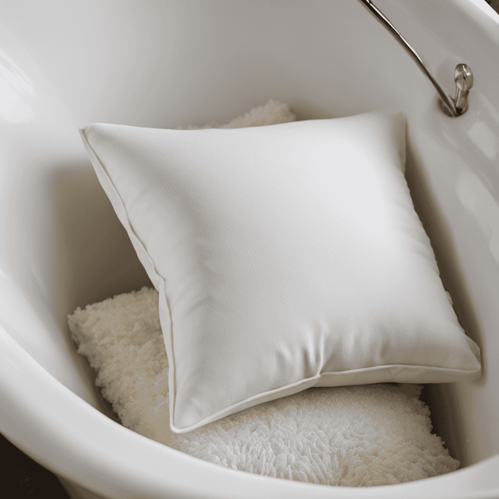 An image showcasing the step-by-step process of deep cleaning pillows in a bathtub with borax
