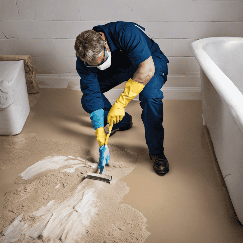 An image capturing the step-by-step process of repairing a cracked bathtub floor: a pair of gloved hands using a putty knife to remove damaged material, then applying epoxy resin, followed by sanding and smoothing the surface