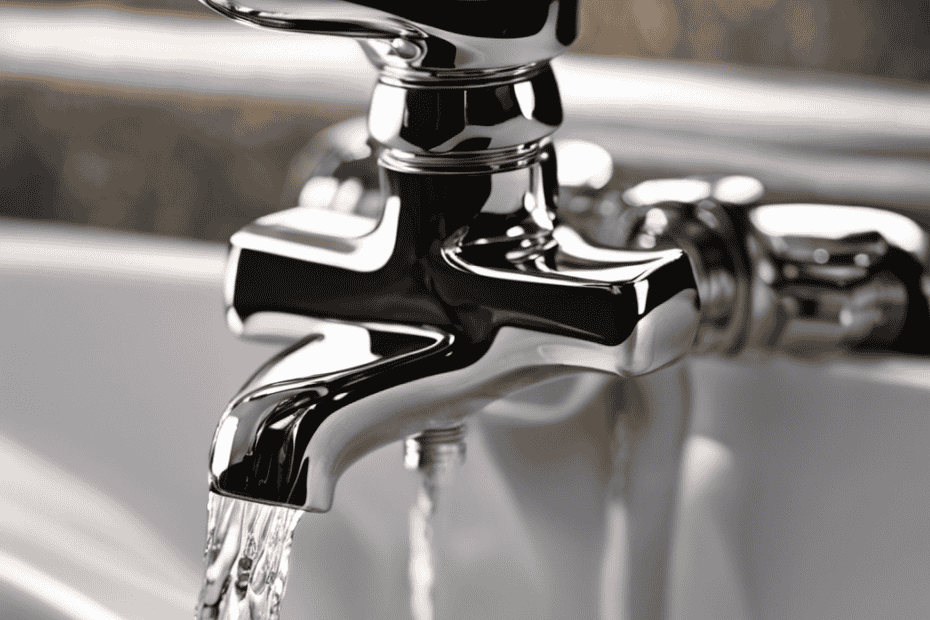 An image showcasing a close-up of a wrench gripping the dripping bathtub faucet, with droplets frozen mid-air, capturing the motion of repairing the leak