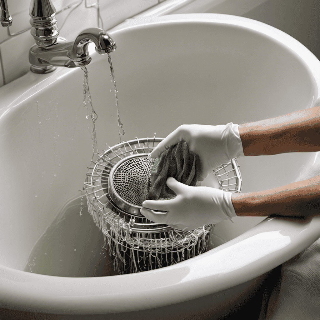 An image showcasing a pair of gloved hands removing a mesh strainer filled with tangled hair, soap scum, and debris from a clogged bathtub drain