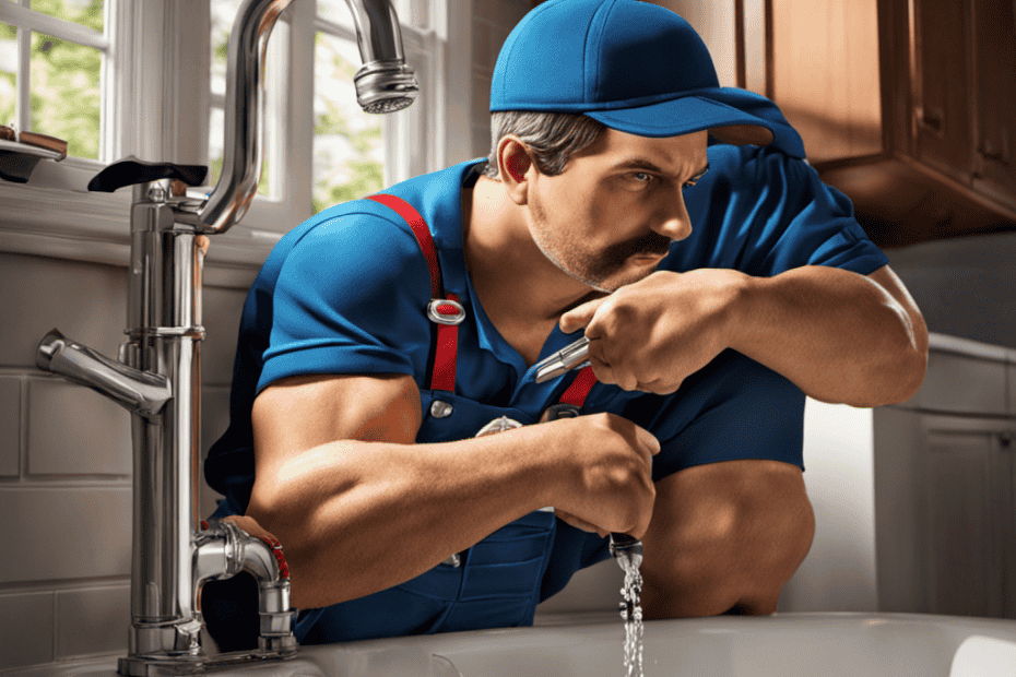 An image that showcases a plumber in action, examining the bathtub's faucet and pipes while using a wrench