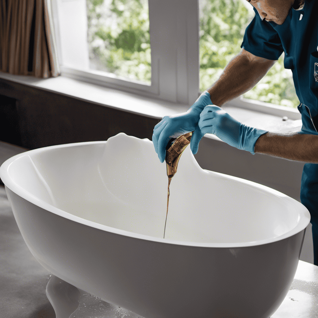 An image showcasing a pair of gloved hands gently applying epoxy resin to a small crack in a pristine white bathtub