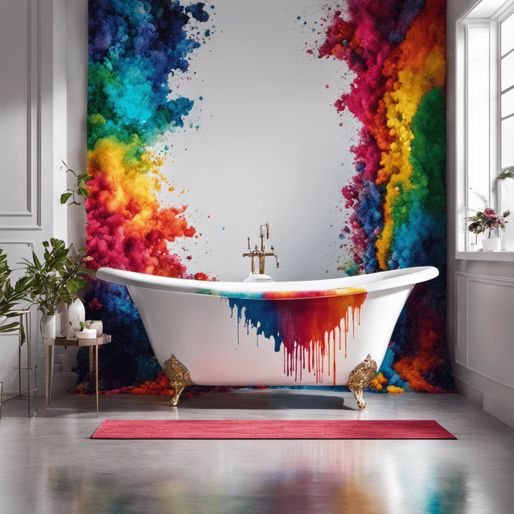 A visually striking image showcasing a sparkling white bathtub with vibrant splashes of various colored dyes