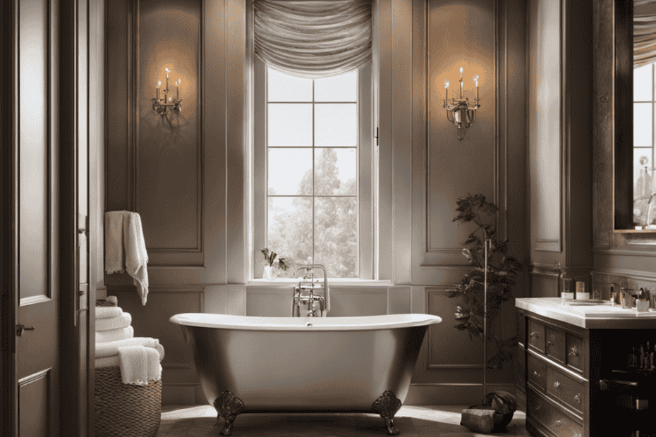 An image showcasing a bathroom with a closed door, where steam gently escapes through the gaps, revealing a bathtub filled with hot water surrounded by lit candles, plush towels, and a thermometer displaying the ideal temperature