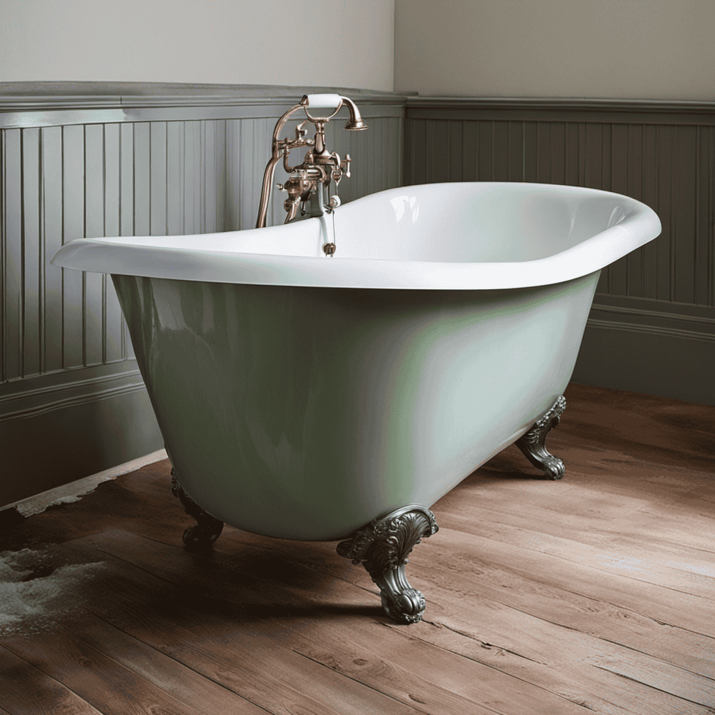 An image showcasing the step-by-step process of refinishing a cast iron bathtub: a worn-out bathtub being sanded down to reveal its raw surface, followed by a shiny coat of enamel being applied, ultimately restoring its pristine appearance