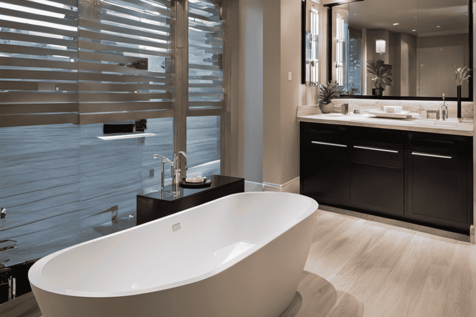 An image showcasing a spacious bathroom with a sleek, modern bathtub at the center