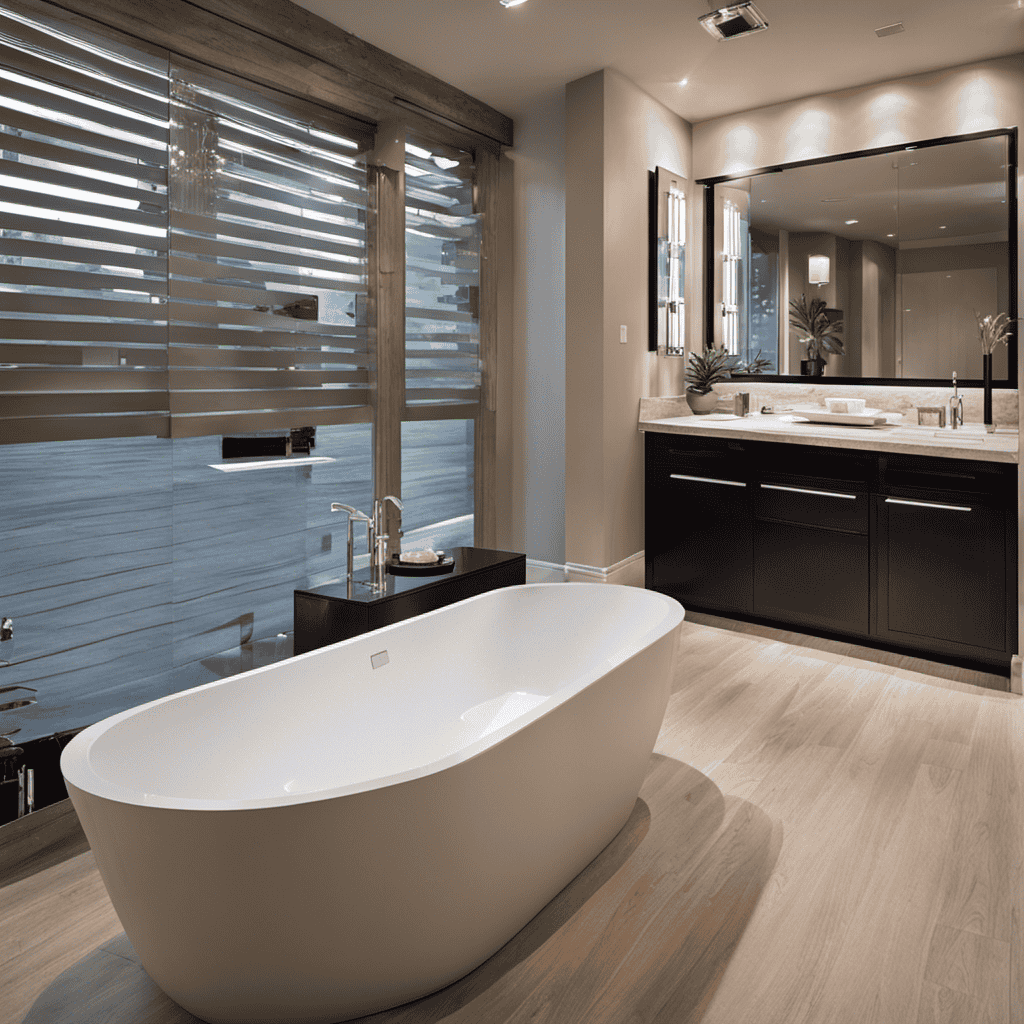 An image showcasing a spacious bathroom with a sleek, modern bathtub at the center