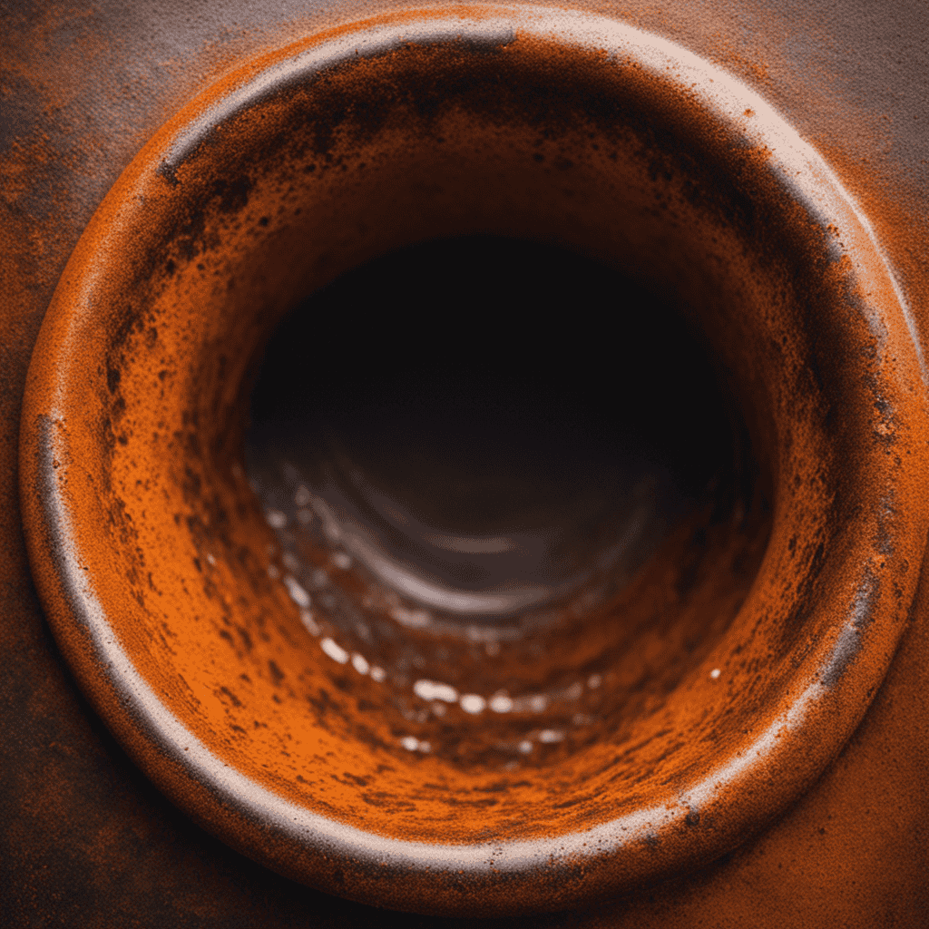 An image showcasing a close-up of a rusty bathtub drain, covered in stubborn orange stains