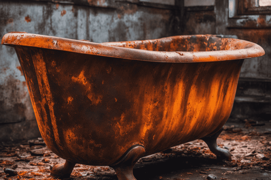 An image showing a close-up of a rusty bathtub, with water stains and orange-colored patches of rust covering the surface