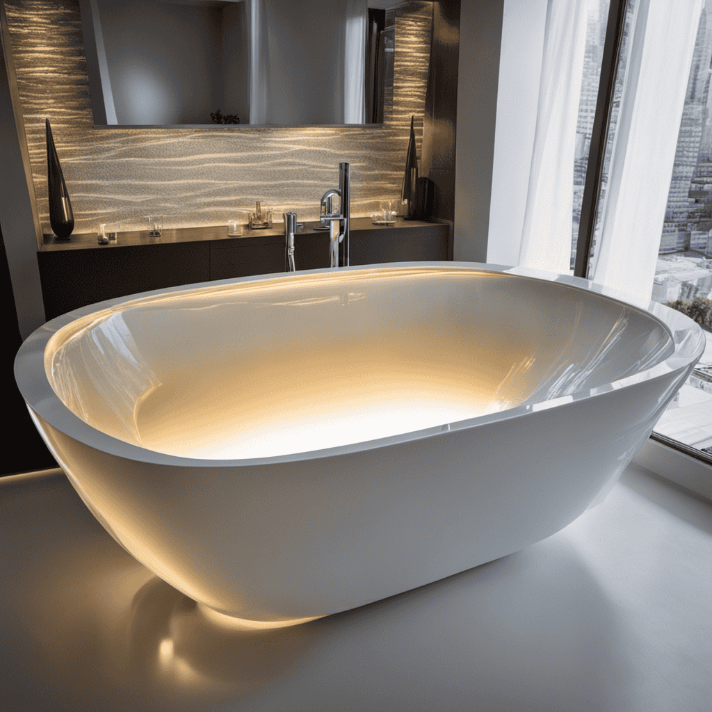 An image showcasing a pair of gloved hands delicately applying a transparent epoxy resin to a hairline crack in a pristine white acrylic bathtub, with the reflection of a bright overhead light emphasizing precision and expertise