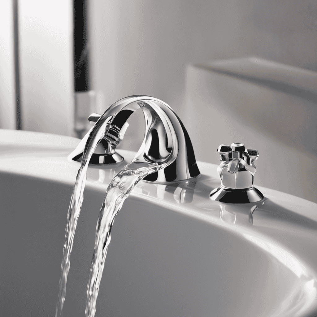 An image of a close-up view of a bathtub faucet, with water droplets falling from the spout into a puddle on the bathtub surface