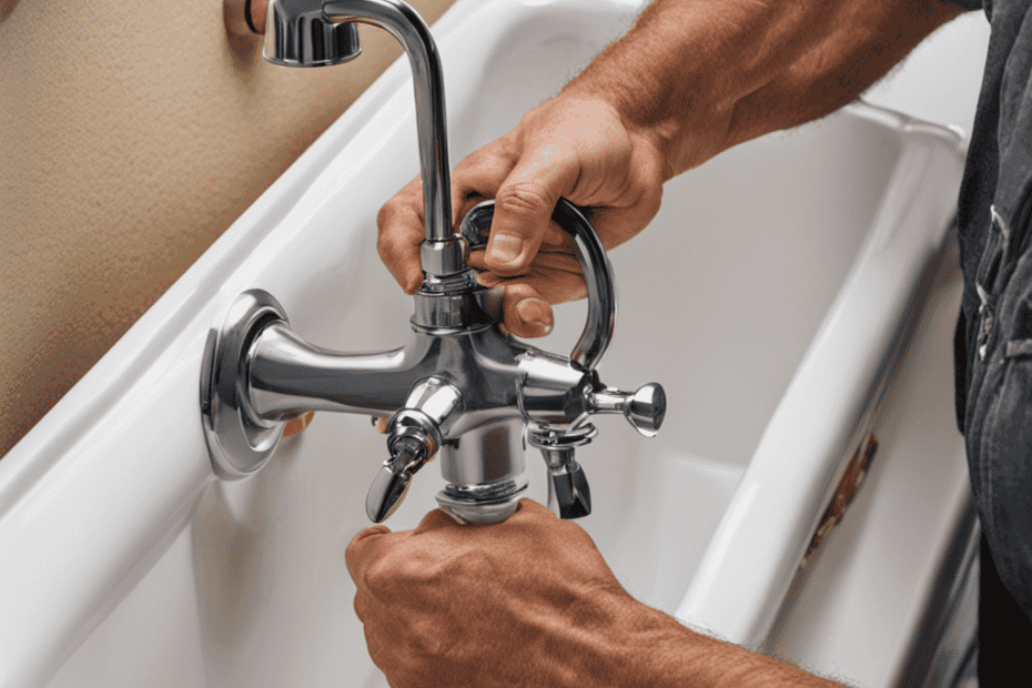 An image showcasing a step-by-step guide to replacing a bathtub faucet in a mobile home: hands gripping a pipe wrench, removing the old faucet, connecting new pipes, and finally, installing a shiny new faucet