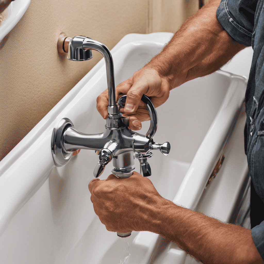 An image showcasing a step-by-step guide to replacing a bathtub faucet in a mobile home: hands gripping a pipe wrench, removing the old faucet, connecting new pipes, and finally, installing a shiny new faucet