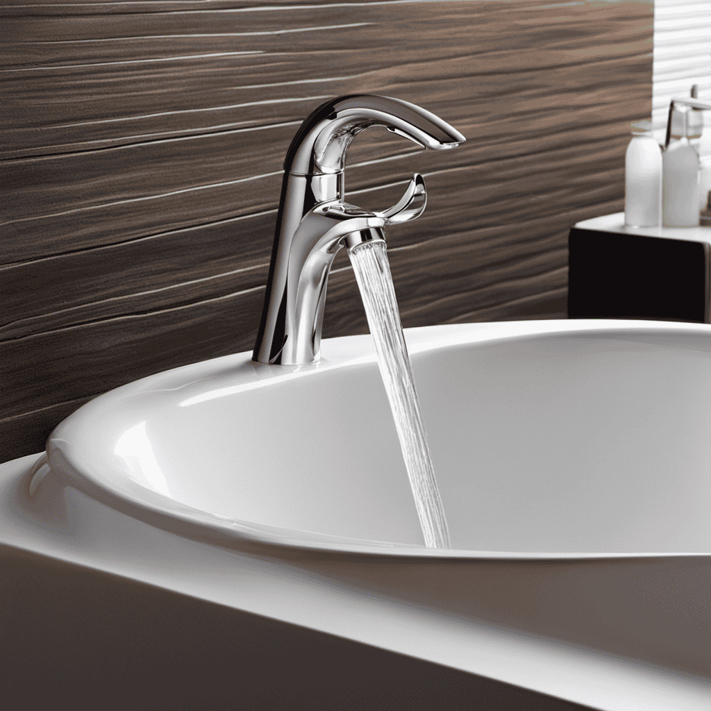 An image showcasing a hand firmly grasping the chrome-plated bathtub faucet handle, turning it clockwise to shut off the gushing stream of water
