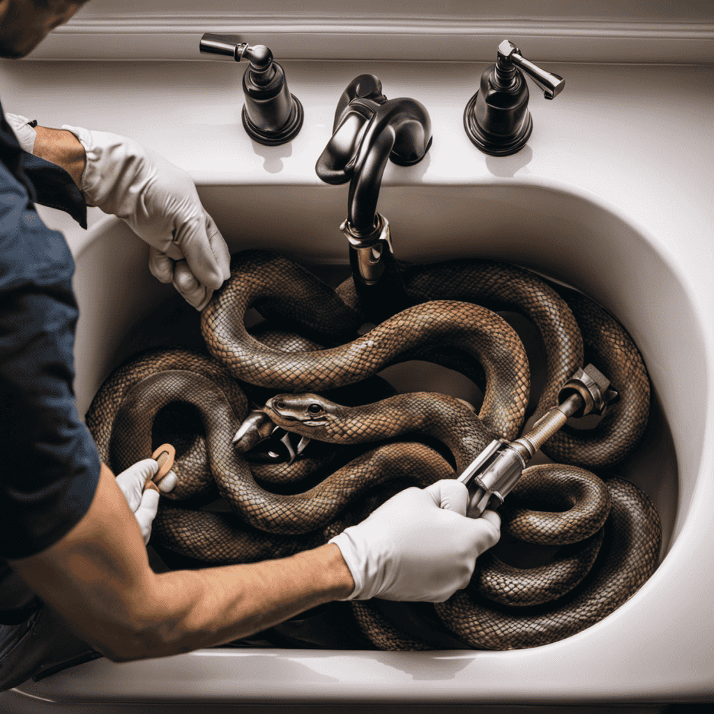 An image showing a person wearing protective gloves, holding a snake-like plumbing tool, as they insert it into a bathtub drain