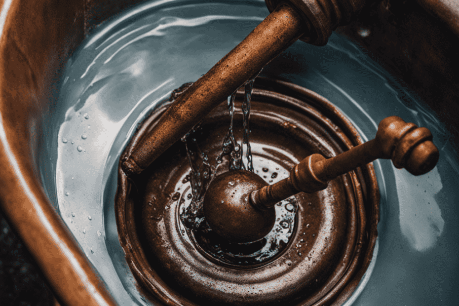 An image showcasing a close-up view of a gloved hand wielding a sturdy plunger, firmly pressing it down onto the drain of an old, rusty bathtub, with water gushing out, illustrating the process of unclogging