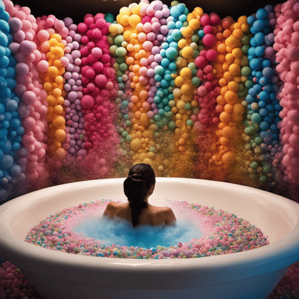 An image showcasing a serene scene with a person standing in a spacious shower, holding a bath bomb