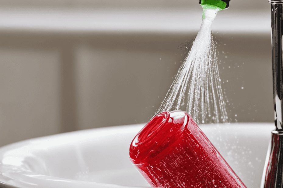 An image showcasing a close-up view of a hand holding a spray bottle filled with CLR solution, gently spraying it onto a grimy bathtub faucet