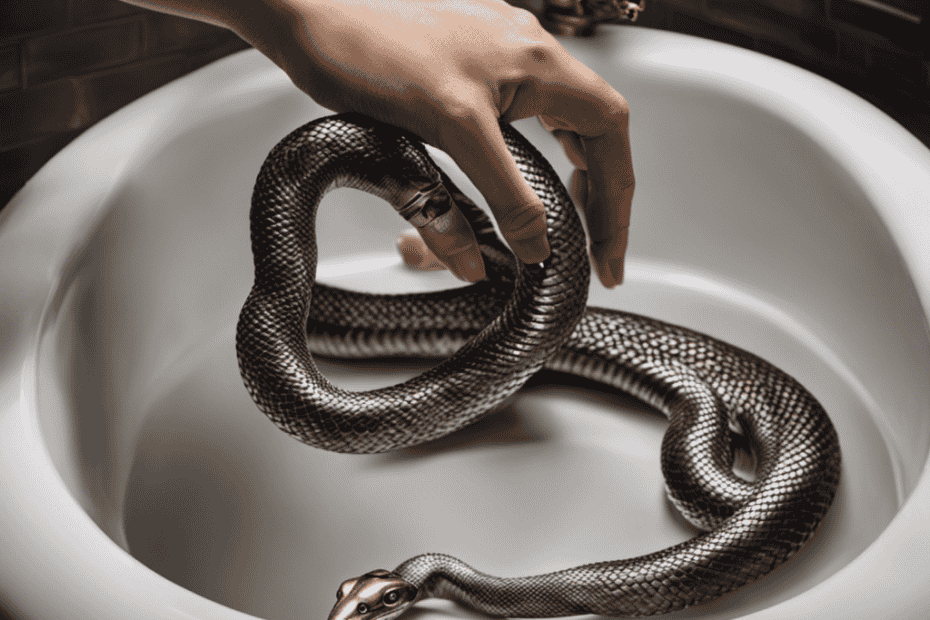 An image showcasing a hand holding a drain snake, gently inserting it into a bathtub drain