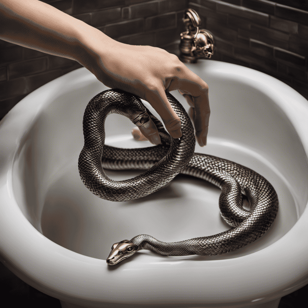 An image showcasing a hand holding a drain snake, gently inserting it into a bathtub drain