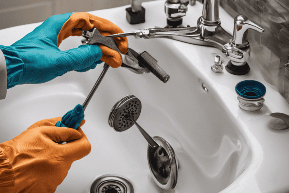 An image showcasing a pair of gloved hands delicately disassembling a clogged bathtub drain