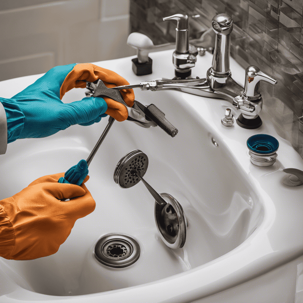 An image showcasing a pair of gloved hands delicately disassembling a clogged bathtub drain