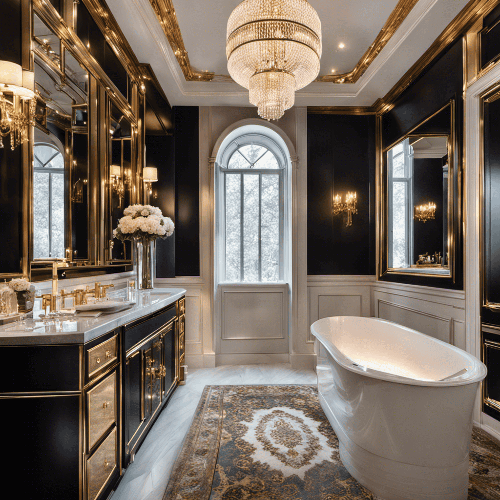 An image showcasing a gleaming, opulent bathroom adorned with gold fixtures and crystal accents