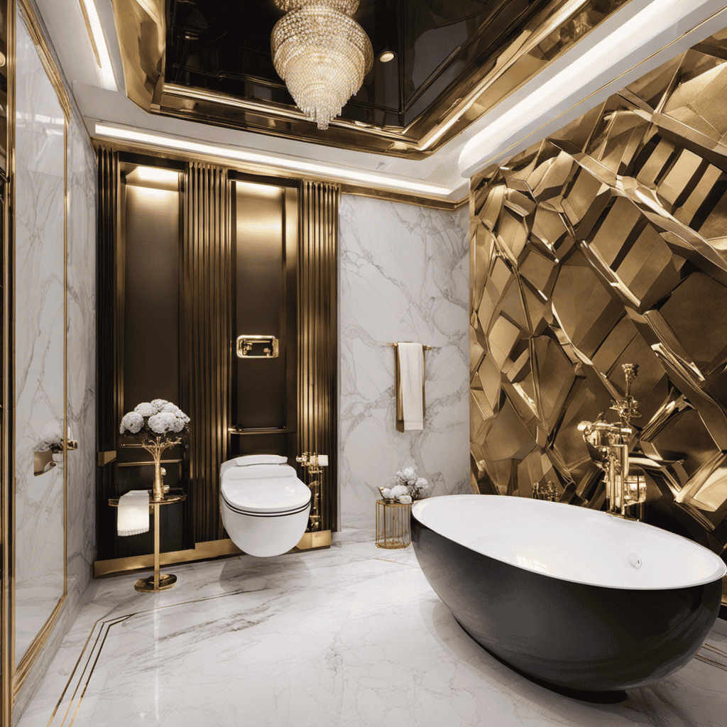 An image showcasing an opulent bathroom interior, featuring a sleek, futuristic toilet surrounded by elegant marble walls, gleaming gold fixtures, and a state-of-the-art bidet system