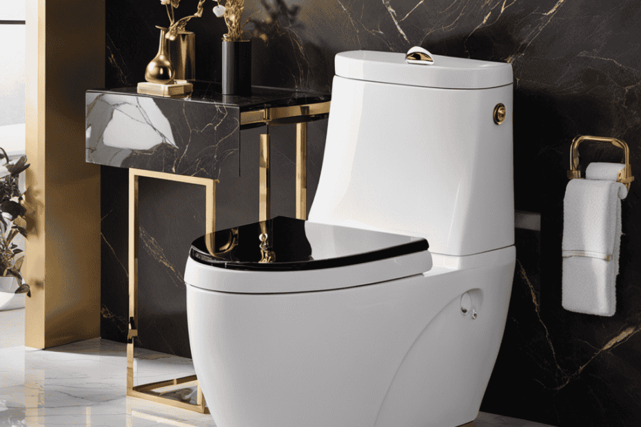 An image showcasing an opulent bathroom adorned with cutting-edge toilet technologies: a sleek, self-cleaning bidet with customizable settings, a state-of-the-art sensor-operated flush system, and a luxurious heated seat, surrounded by elegant marble and gold accents