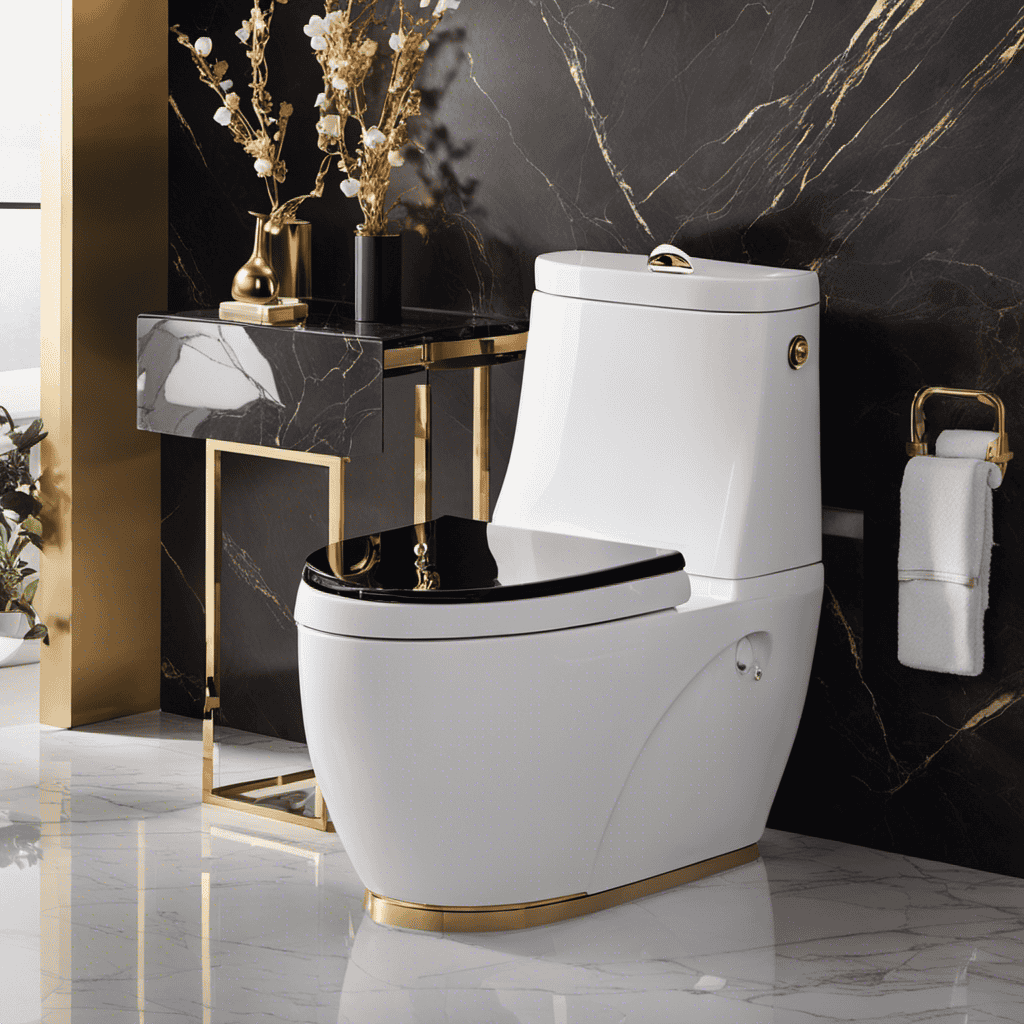 An image showcasing an opulent bathroom adorned with cutting-edge toilet technologies: a sleek, self-cleaning bidet with customizable settings, a state-of-the-art sensor-operated flush system, and a luxurious heated seat, surrounded by elegant marble and gold accents