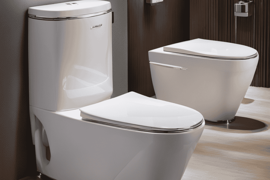 An image showcasing the lavishness of high-end toilets, featuring a sleek, futuristic design with a built-in bidet, heated seat, motion sensor, LED lighting, advanced flushing system, customizable temperature, and a discreet air purification system