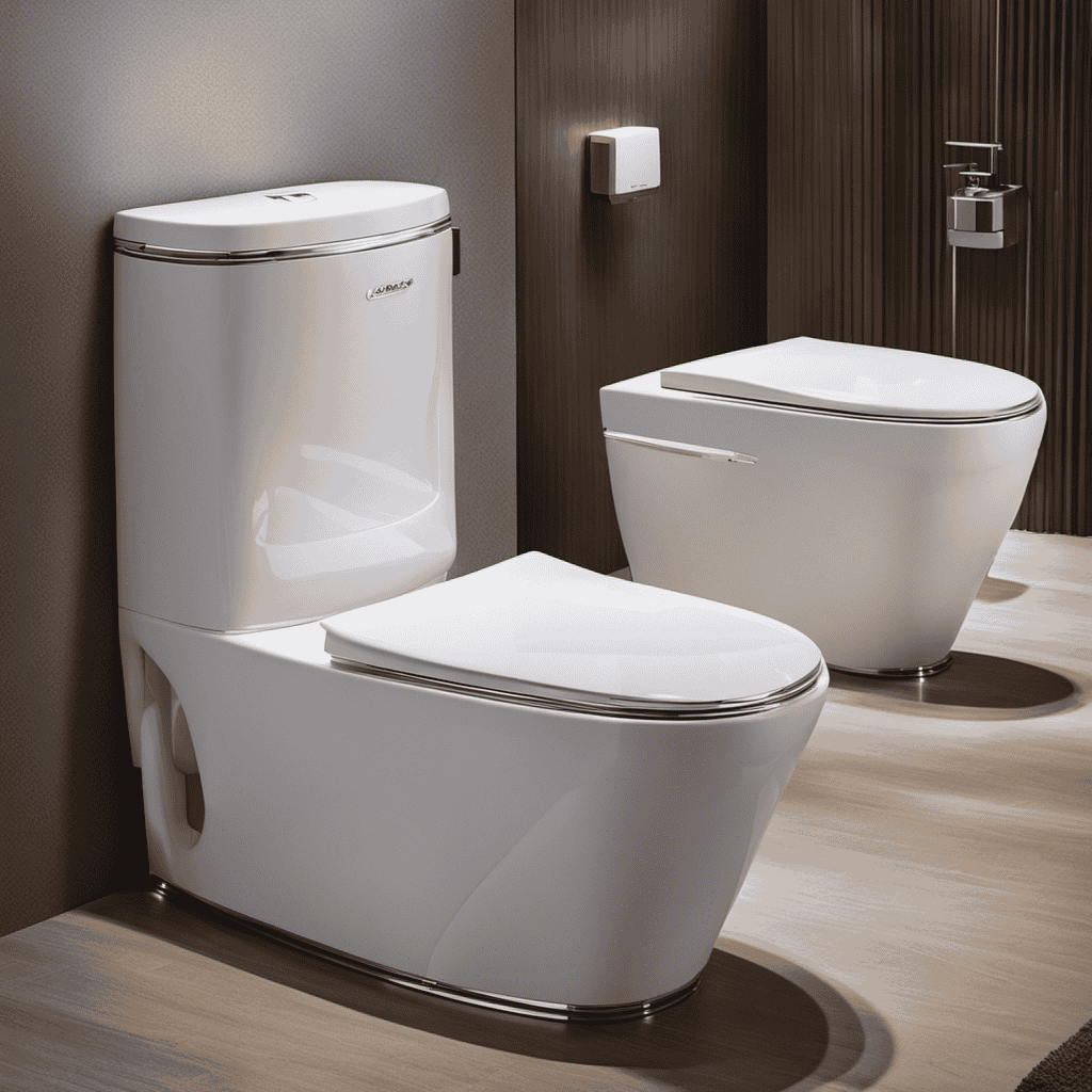 An image showcasing the lavishness of high-end toilets, featuring a sleek, futuristic design with a built-in bidet, heated seat, motion sensor, LED lighting, advanced flushing system, customizable temperature, and a discreet air purification system