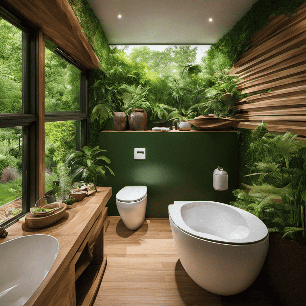 An image showcasing an elegantly designed composting toilet, nestled in a lush green bathroom