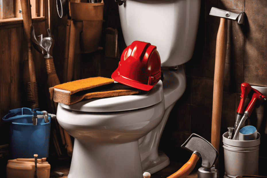 An image showcasing a skilled plumber wearing protective gloves, using a plunger to unclog a toilet