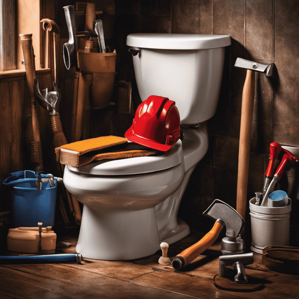 An image showcasing a skilled plumber wearing protective gloves, using a plunger to unclog a toilet