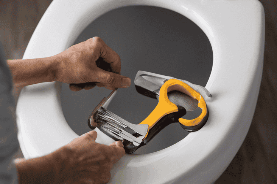 An image showcasing a close-up view of a person's hands effortlessly removing an old toilet seat, with tools nearby and a brand new seat ready to be installed, highlighting the step-by-step process of toilet seat replacement