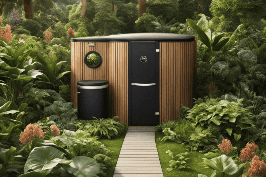 An image featuring a lush garden backdrop, with a modern composting toilet system in focus