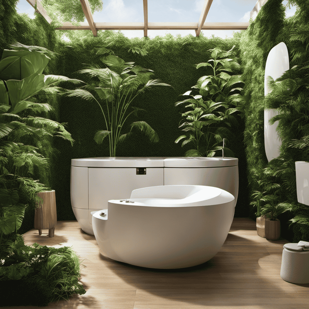 An image of a serene bathroom space with a composting toilet system installed, showcasing its eco-friendly design and practical usage