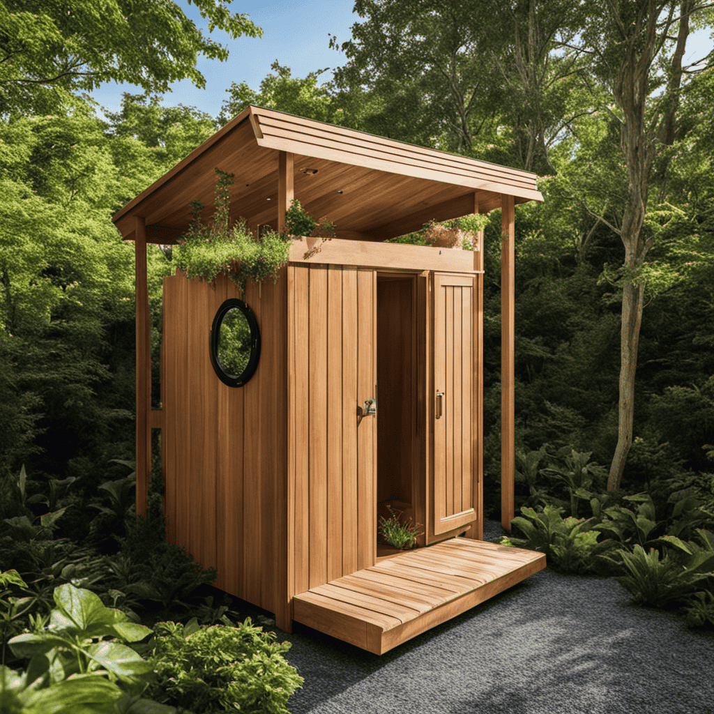 An image of an outdoor composting toilet nestled amidst lush greenery, its wooden structure blending harmoniously with the natural surroundings