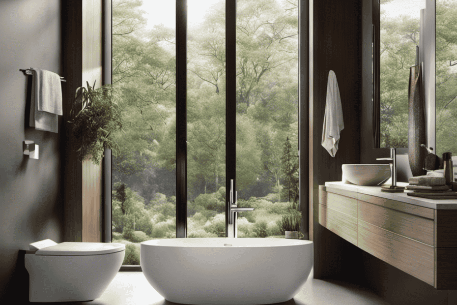 An image showcasing a serene bathroom setting with a modern dual-flush toilet