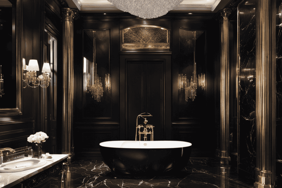 An image showcasing an opulent bathroom with a sleek, black marble flooring, a dazzling crystal chandelier, and a row of high-end luxury toilets from the top 10 manufacturers, exuding elegance and extravagance