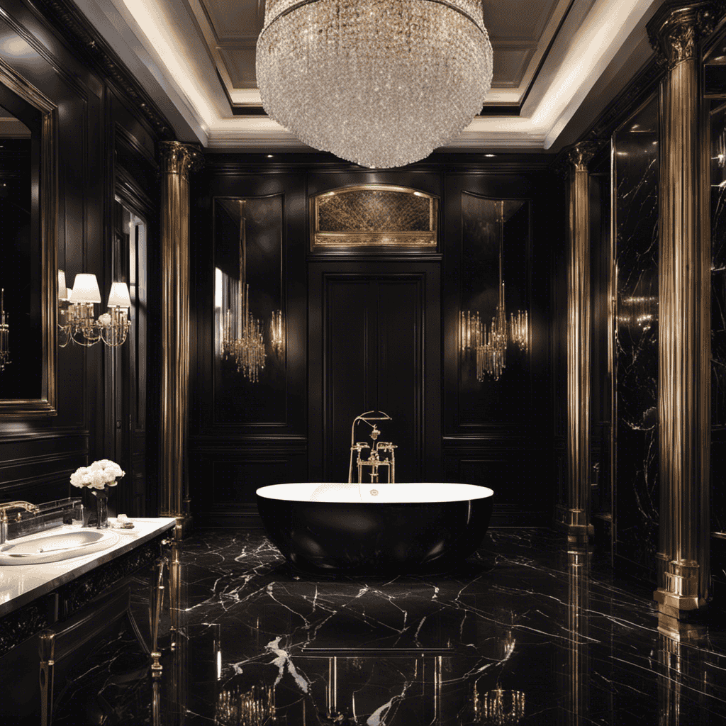 An image showcasing an opulent bathroom with a sleek, black marble flooring, a dazzling crystal chandelier, and a row of high-end luxury toilets from the top 10 manufacturers, exuding elegance and extravagance