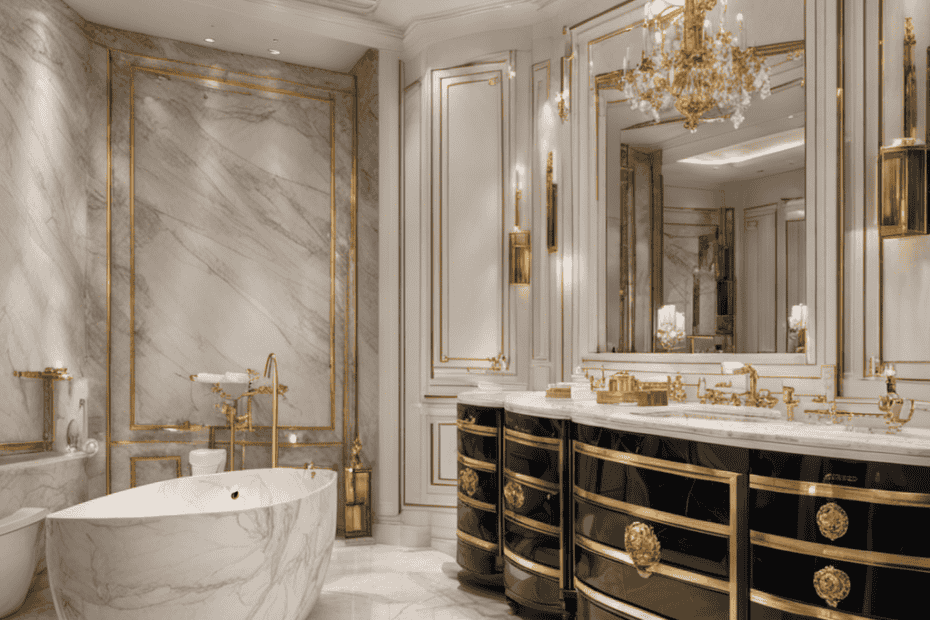 An image showcasing the epitome of opulence: a grand bathroom adorned with exquisite marble, gleaming gold fixtures, and a selection of high-end luxury toilets from around the world