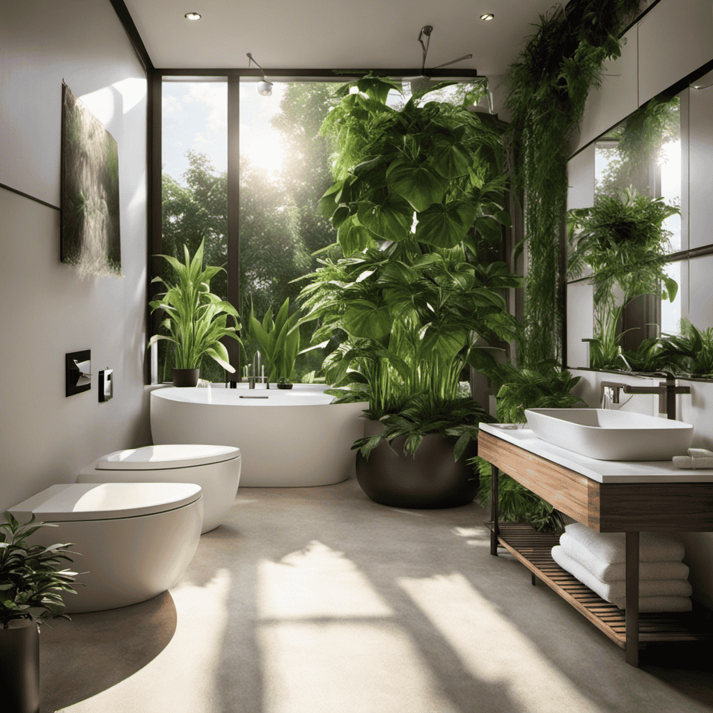 An image showcasing a modern bathroom with sleek, water-saving fixtures, surrounded by lush indoor plants