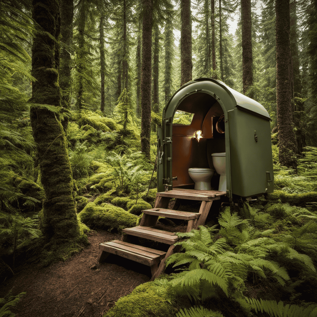 An image showcasing a person confidently using a composting toilet in the wilderness, surrounded by a lush forest