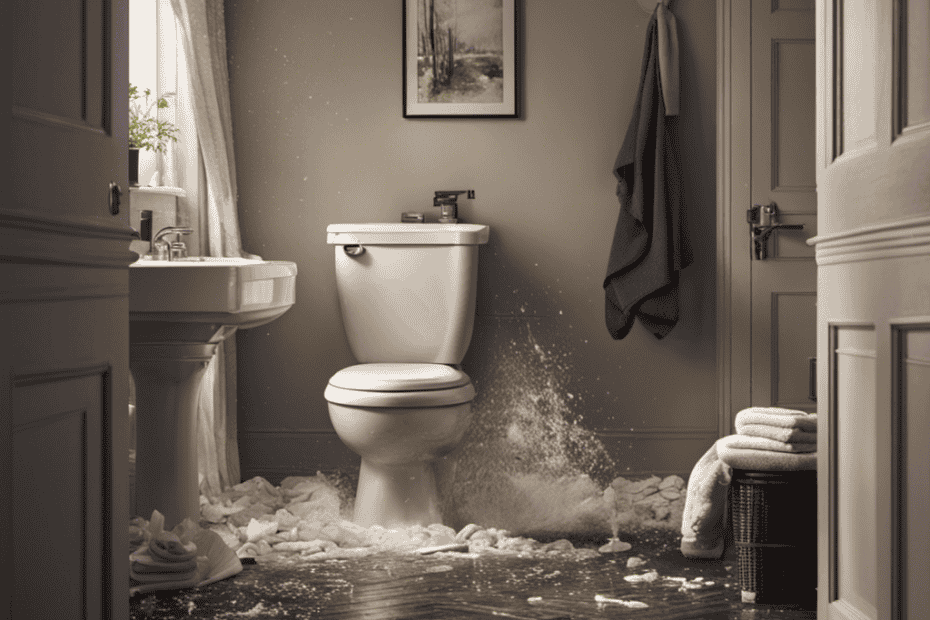 An image capturing the chaotic scene of a toilet overflowing, water splashing onto the bathroom floor, with towels soaked and scattered, a plunger standing beside it, and a panicked person desperately trying to fix the mess