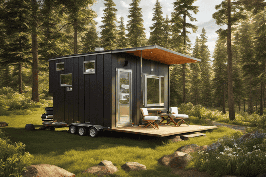 An image that showcases a mobile home parked amidst a picturesque natural setting, with a composting toilet system inside