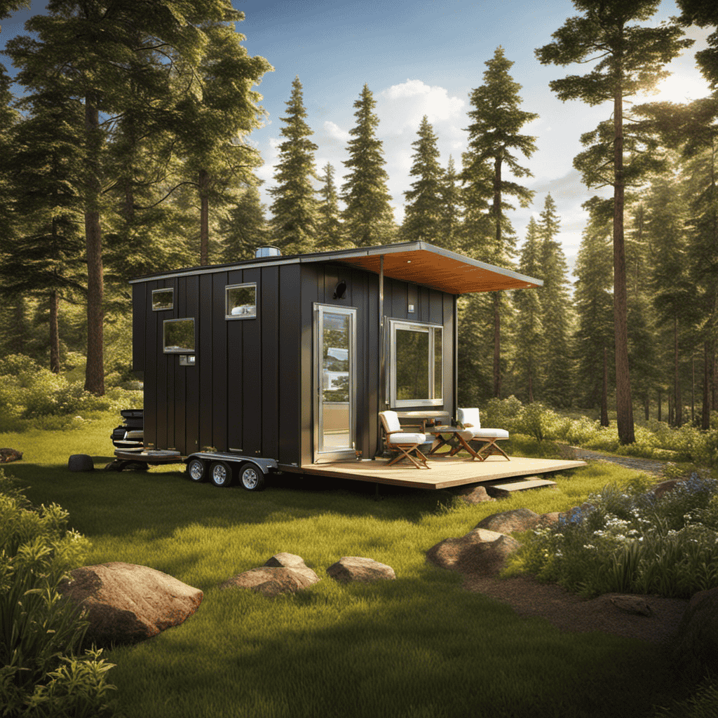 An image that showcases a mobile home parked amidst a picturesque natural setting, with a composting toilet system inside